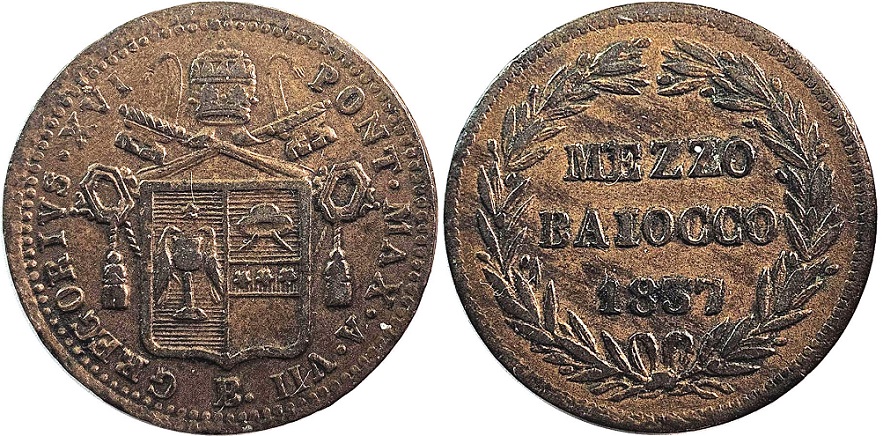 Gregory XVI 1837 Half Baiocco